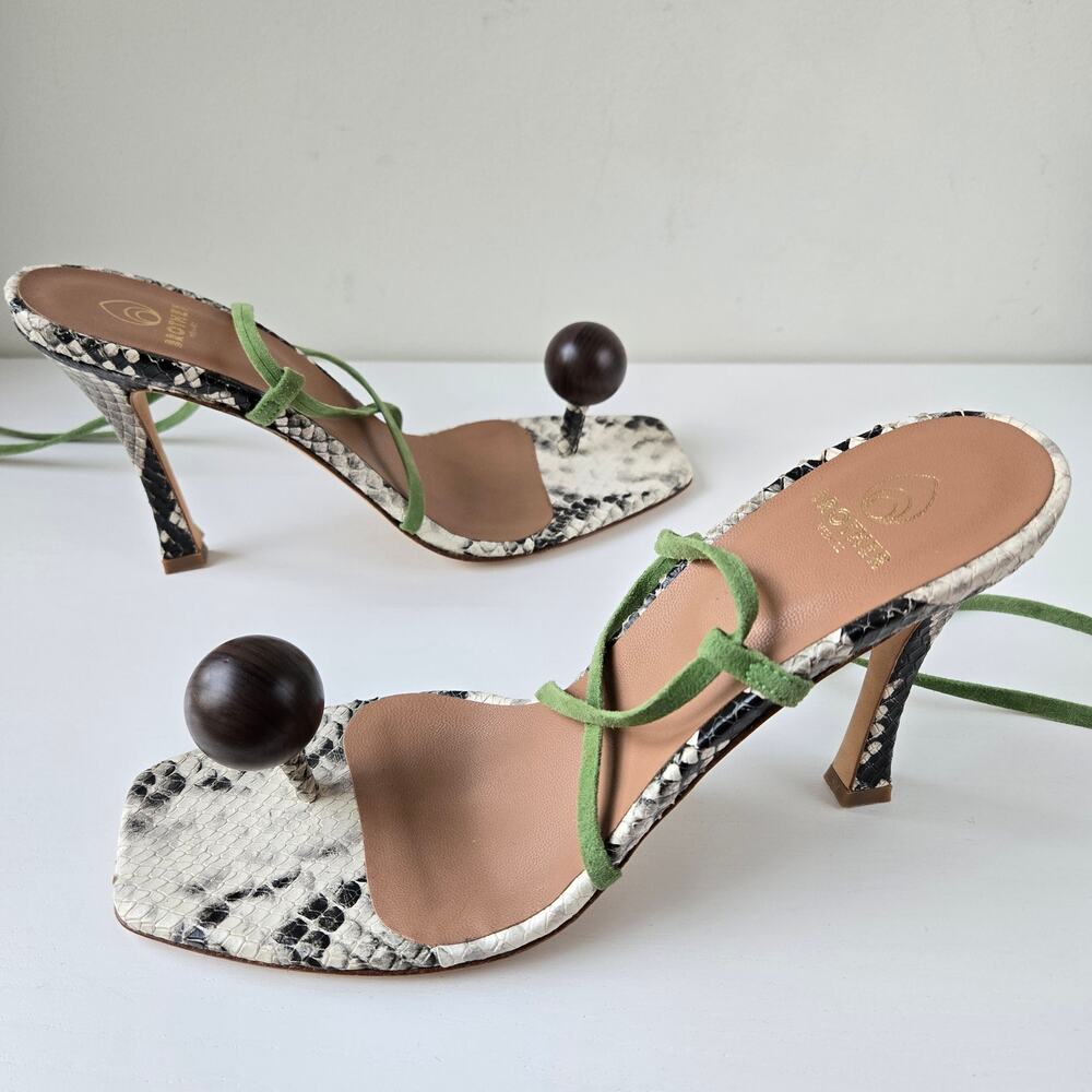 Brother Vellies NEW Snakeskin Wood Globe Lace-Up Ankle Strap Sandal Heels Size 9 - Picture 3 of 16
